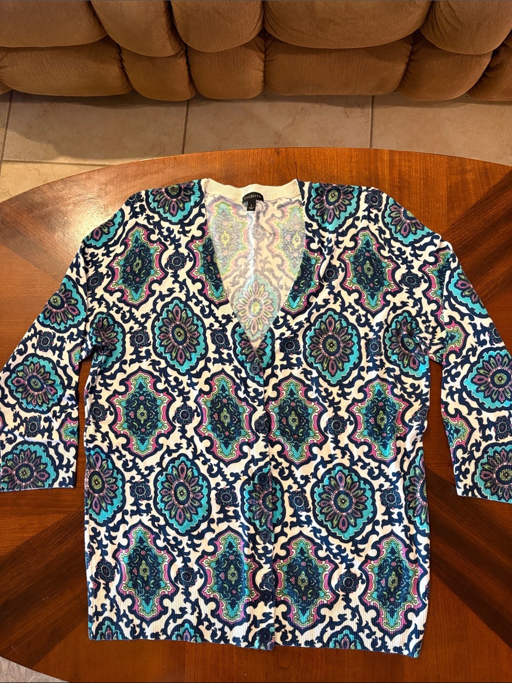 Talbots Women’s White Blue Teal Printed Button-Front Cardigan